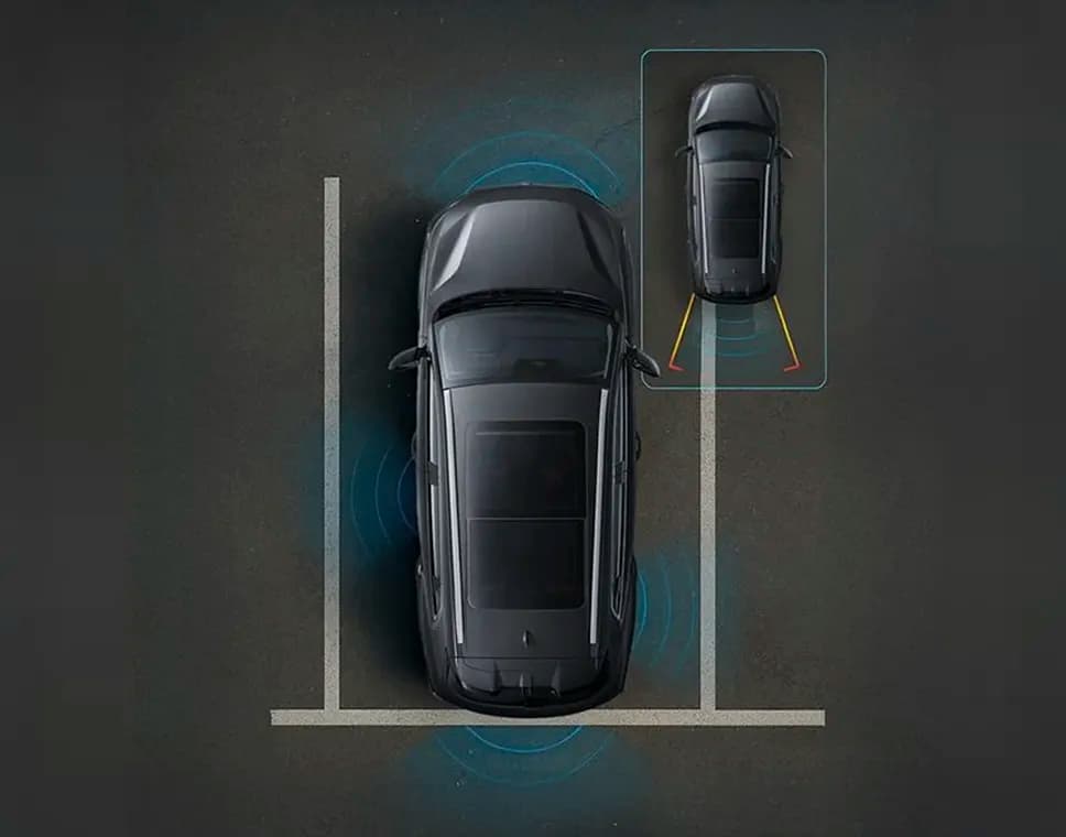 Top-down view of a car perfectly parked in a tight spot, illustrating parking assist.
